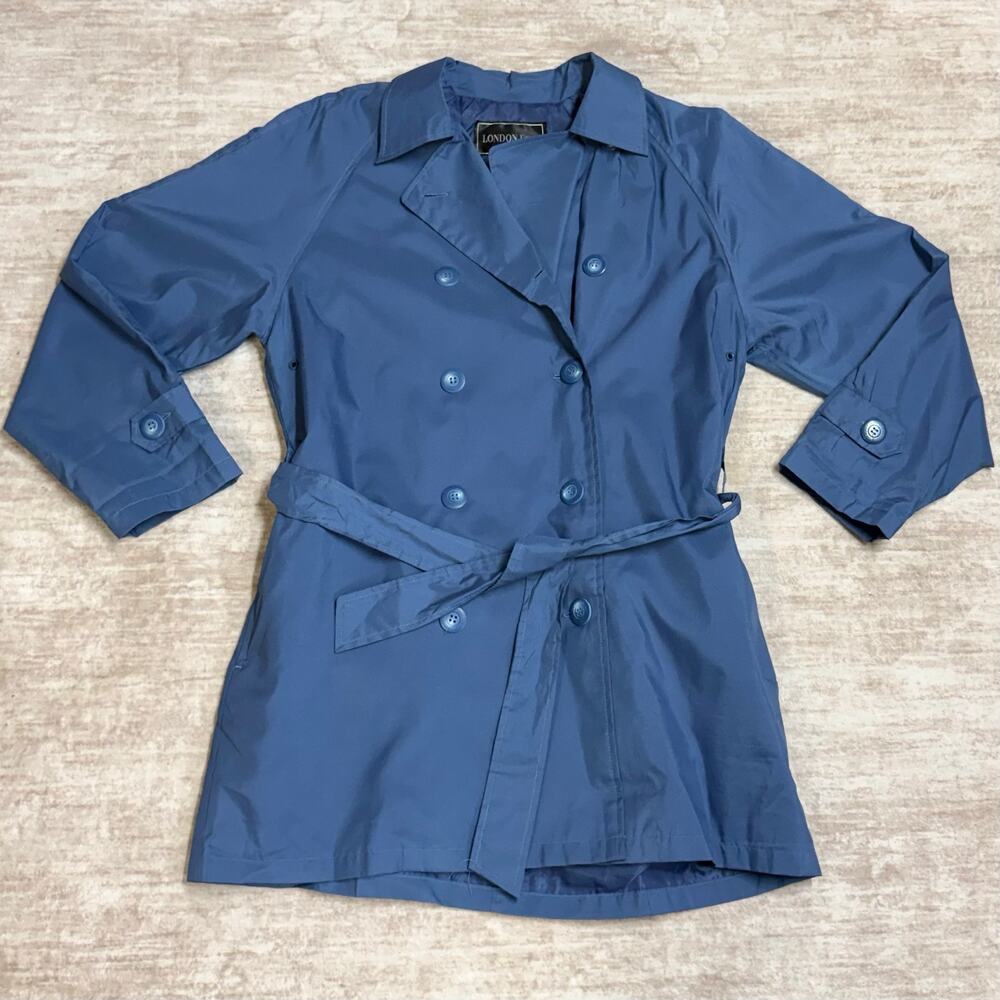 London Fog Womens Small Blue Mid Length Trench coat Rain Jacket Fall Chic Preppy